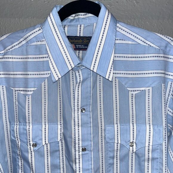 VTG. PANHANDLE SLIM Permanent Press Striped Pearl Snap Western Shirt 16.5" X 35" - Picture 2 of 14